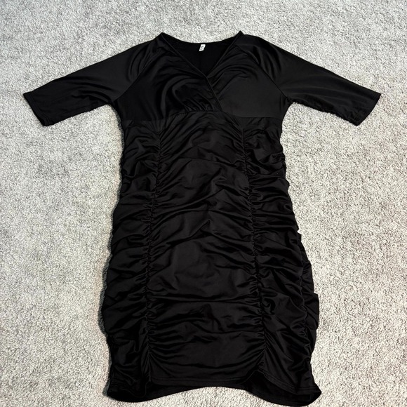 Poseshe Dresses & Skirts - Poseshe Womens 3XL Black Ruched Bodycon Dress V Neck Stretch Midi Plus Size